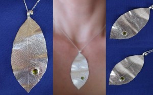 sterling silver and green beryl leaf pendant.  extra pretty