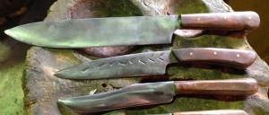 Three of the Carbon steel knives.. Forged, hardened and tempered, ground and polished with brass riveted hardwood (Brushbox) handles