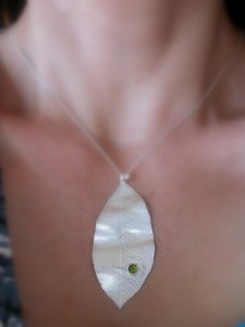 Leaf pendant with gorgeous green dew drop. SOLD
