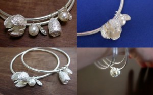 Cast sterling silver Cypress Pine and Red Gum seed pod and pearl acorn bangle.