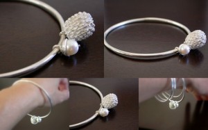 Cast sterling silver She Oak seed pod and pearl acorn bangle.