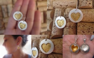 24ct gold leaf on sterling silver hearts.  24ct leaf heart globe pendant also available