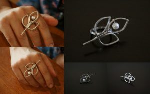 Freshwater pearl and leaf Ring.