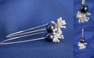 Tiny cast eucalyptus buds with dyed freshwater pearls