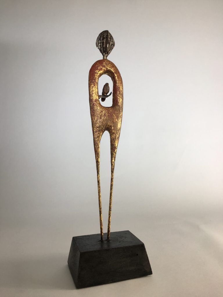 I've got a bird that whistles, I've got a bird that sings ... Steel, Sand cast Bronze, concrete, metal foil, Sculpture