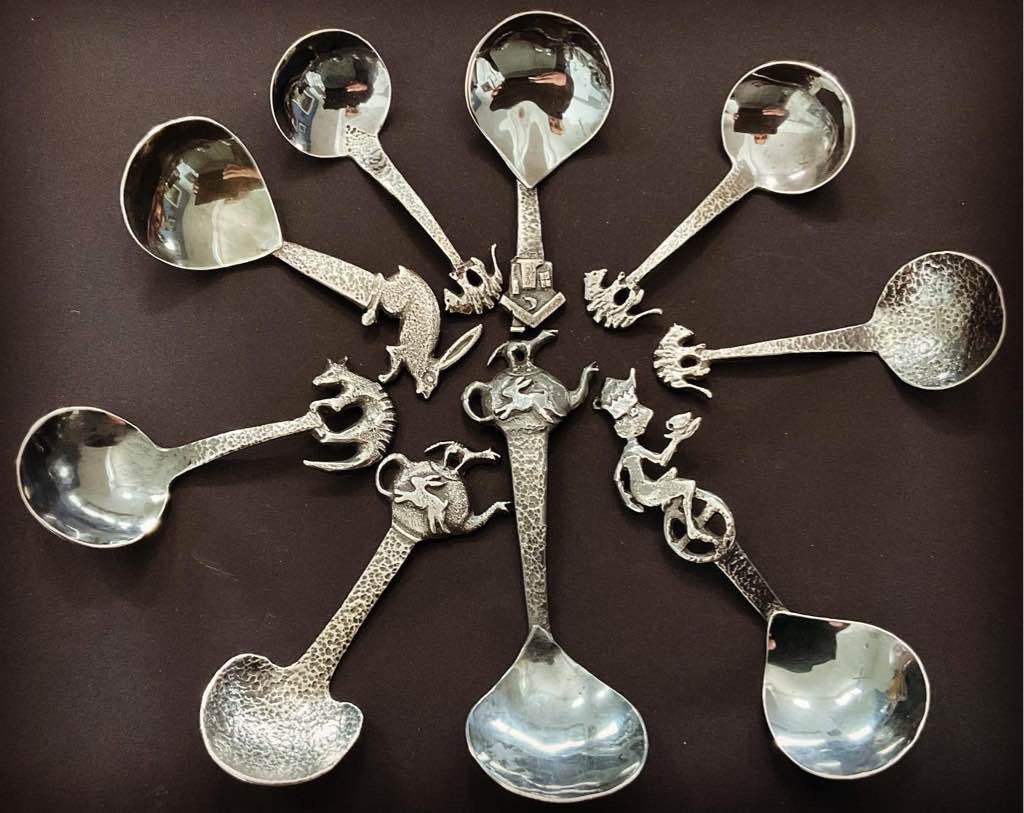 Hand fabricated, forged and sand~cast Sterling Silver Tea Caddy Spoons